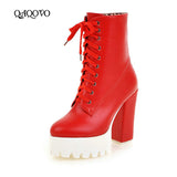 kamames Women Lacing High Heel Ankle Boots Platform Female Boots Shoes Round Toe Ladies Party Shoes Rubber Sole Promotion Black White