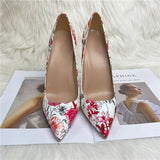 kamames Red Flowers Print Women PU Leather Pointed Toe Stiletto Pumps 10cm 12cm High Heel Party Shoes US Size 10 11 QP147 ROVICIYA