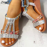 kamames New Gladiator Wedge Heels Elastic Band Crystals Summer Women Shoes Woman Sandals Leisure Beach Sandals Large Size 35-43