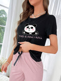 Womens Panda Print Casual Tee - Comfortable & Fashionable Short Sleeve Shirt with Playful Slogan, Adorable Round Neck Loungewear for Sweet Dreams