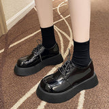 kamames Big-Headed Shoes Female Muffin Tie Round Head Thick-Soled Derby Shoes Doll Sen Small Black Leather Shoes Single Shoes