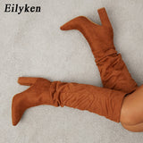 kamames 2022 Winter Women Pointed Toe Folds Flock Warm Knee-High Boot Fashion Concise Ladies Office High Heels Shoes