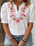 Plus Size Floral Embroidery Blouse - Chic Casual Mandarin Collar Lantern Sleeve Top with Delicate Floral Details, Perfect for Spring & Summer, Designed for Plus-Size Womens Clothing