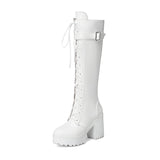 kamames Autumn Lacing Knee High Boots Women Fashion White Square Heel Long Boots Woman Pu Leather Shoes Winter Large Size 43