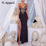 Zingj Elegant Spaghetti Strap V-neck Lace Patchwork Split Tunic Evening Party Dresses Summer 2022 Women Long Maxi Black Robe