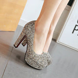 kamames New Style Sexy Sequined Platform Shoes Female Square High Heels Pumps Slip On Party Wedding Shoes Women
