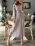 kamames Summer New Long-sleeved Printed Dress Female V-neck Slim Waist Waist Long Skirt Bohemian Dress Female Office Lady Robe