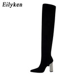 kamames Designer Stretch Cloth Women Over-the-knee Boots Metal Square High Heel Shoes Sexy Pointed Toe Ladies Motorcycle Booties