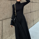 kamames New Autumn French Midi Dresses Women Elegant Chic Turtleneck Fashion Casual A-Line Black Long Sleeve Cotton Female Clothing