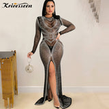 kamames Sexy Women Crystal Mesh Sheer Maxi Dress Ladies Long Sleeve See Through Bodycon Birthday Clubwear Long Dress Outfits