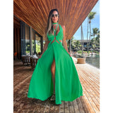 kamames Women Halter Neck Tie Backless Beachwear Green Cover Up Party Ladies Dresses Casual Summer Clothing Fashion Long Dress