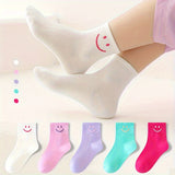 5 Pairs Of Girl's Cartoon Happy Face Pattern Knitted Socks, Cotton Blend Comfy Breathable Soft Crew Socks For Outdoor Wearing