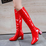 kamames Women Boots Fashion Patent Leather Knee High Boots Cozy Square High Heel Long Boots Zipper Winter Plus Female Boots Shoes