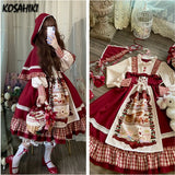 kamames Christmas Lolita Dress Kawaii Women New Year 2024 Sweet Lace Ruffle Patchwork Puff Long Sleeve Red Princess Plaid