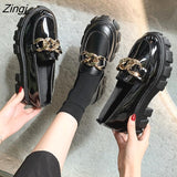 kamames Women Spring New Black Platform Flats Shoes Women Loafers Slip on Boat Shoes Metal Chain Designer Casual Leather Oxfords