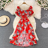 kamames Vintage Women Printed Dresss Sexy Square Collar Short Puff Sleeve High Waist A-Line Vacation Beach Vestidos Female New