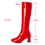 kamames Women Boots Fashion Patent Leather Knee High Boots Cozy Square High Heel Long Boots Zipper Winter Plus Female Boots Shoes