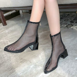 kamames Beige Women Knee High Boots Fashion Zipper Breathable Mesh Boots Sexy Hollow Chunky Heel Long Boots Summer Shoes