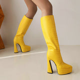 kamames Crocodile Leather Women Knee High Boots Fashion Platform Suqare High Heel Punk Boots Pointed Toe Motorcycle Boots Lady Shoe