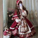 kamames Christmas Lolita Dress Kawaii Women New Year 2024 Sweet Lace Ruffle Patchwork Puff Long Sleeve Red Princess Plaid