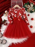 Girls' Winter Christmas Party Princess Dress With Mesh Hem & Lining, Holiday Fun Long Sleeve Christmas Dress With Ribbon Belt, Party Gift