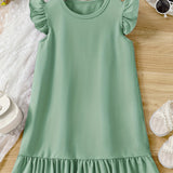 Girls' Summer Elegance: Flutter Sleeve Solid Color Dress - Ruffle Hem, Perfect for Holiday & Party Celebrations