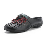 kamames Summer New Flat Bottom Low Heel Women's Shoes National Wind Leather Flower Slippers Hollow Breathable Comfortable Hole Hole Shoes