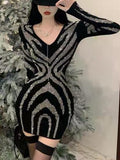 kamames Women Sexy Black Bling Diamonds Bodycon Mini Dress Female Spring Autumn Elegant V-Neck Long Sleeve High Waist Party Vestidos New