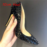 kamames Black Rivet Patent leather Shoes Women Pumps Sexy Pointed Toe 12cm High Heels Wedding Colored Studded Heels MD031 ROVICIYA