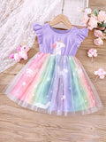 Toddler Girls Cartoon Unicorn Ruffled Sleeveless Round Neck Contrast Mesh Dress Kids Summer Clothes