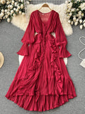 Zingj Chiffon Pleated Long Dress Women Vintage V-Neck Flare Sleeve Draped Ruffle Vestido Female Maxi Robe Spring Fall 1028-0