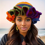 Handmade Crochet Rainbow Bucket Hat for Women, 100% Acrylic Knit Ruffle Brim, Unisex Funky Fringe Warm Winter Cap, Lightweight, Elastic, Washable - Ideal for New Year's Fashion Accessory