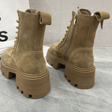 kamames Tied Ankle Boots for Women 2023 Autumn Winter New Eco-friendly Leather Round Toe Zip Platform Shoes Plus Size Women Heels