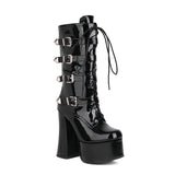 kamames Super High Heel Women Boots Fashion Patetnt Leather Mid Calf Boots Metal Belt Buckle Motorcycle Boots Autumn Winter Shoes