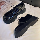 kamames Big-Headed Shoes Female Muffin Tie Round Head Thick-Soled Derby Shoes Doll Sen Small Black Leather Shoes Single Shoes
