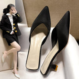 kamames kamames Half Support Shoes Women 2023 Summer New Large Size Tip Thin Heel Shallow Cloth Mueller Shoes Middle Heel Slippers