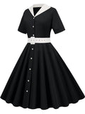 Zingj Solid Shirt Women Dress With Belt Button Hepburn Style Turn Down Collar Swing Dresses Retro Vintage 60s Rockabilly Vestidos