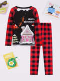 2pcs Youngsters' Christmas Pajama Set - Flame-Resistant Plaid & Cartoon Print, Long Sleeve Top & Pants, Soft & Cozy Loungewear for Boys and Girls