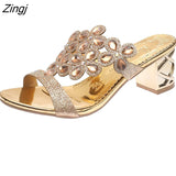 kamames Women Summer Fashion Rhinestone Slipper Sexy Hollow Out Chunky High Heels Sandals Crystal Party Shoes Woman Flip Flops