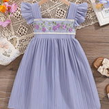 Charming Young Girls Dress - Intricately Embroidered Floral Ruffles, Flutter Sleeves, Summer Chic Style, Graceful Ladylike Design