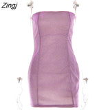 kamames Glitter Bright Silk Shiny Women Dress Purple Sexy Strapless Evening Mini Dress Femme Skinny Party Clubwear Vestidos 2022