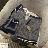 Two Piece Dress Sets Short Tweed Jacket Chic Lapel Denim Coat Womens Outifits Spring Autumn Mini Skirts Jeans Y2k 231027