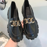 kamames Women Spring New Black Platform Flats Shoes Women Loafers Slip on Boat Shoes Metal Chain Designer Casual Leather Oxfords