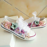 Sneakers Wedges Canvas shoes Women's casual shoes Women's handmade custom Three-dimensional sequins Flowers White Flat