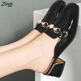 kamames Women Baotou Half Slippers 2023 Fashion Metal Chain Square Toe Thick Heel British Style Office Casual Shoes Spring Summer