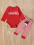 Boys Christmas Cute Outfits, Toddler Baby's Fawn Letter Graphic Long Sleeve Romper Striped Pants Set Outdoor Clothes