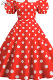 kamames Women Summer Dress Puff Short Sleeve Polka Dot Peter pan Collar Vintage A-line Midi Long Party Sundress Robe Femme