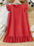 Girls' Summer Elegance: Flutter Sleeve Solid Color Dress - Ruffle Hem, Perfect for Holiday & Party Celebrations