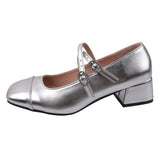 kamames kamames Vintage Silver Single Shoes Women's Thick Heel 2024 Spring Square Head Shallow Mouth Belt Buckle College Wind Mary Jane Shoes