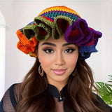 Handmade Crochet Rainbow Bucket Hat for Women, 100% Acrylic Knit Ruffle Brim, Unisex Funky Fringe Warm Winter Cap, Lightweight, Elastic, Washable - Ideal for New Year's Fashion Accessory